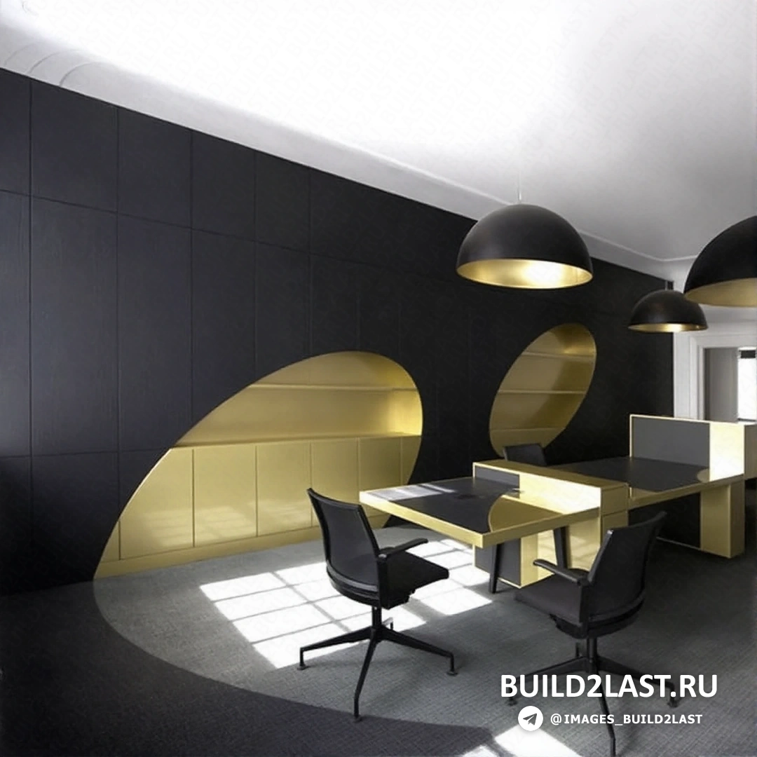 Черный офис с эргономичной мебелью, темными стенами и яркими акцентами для контраста