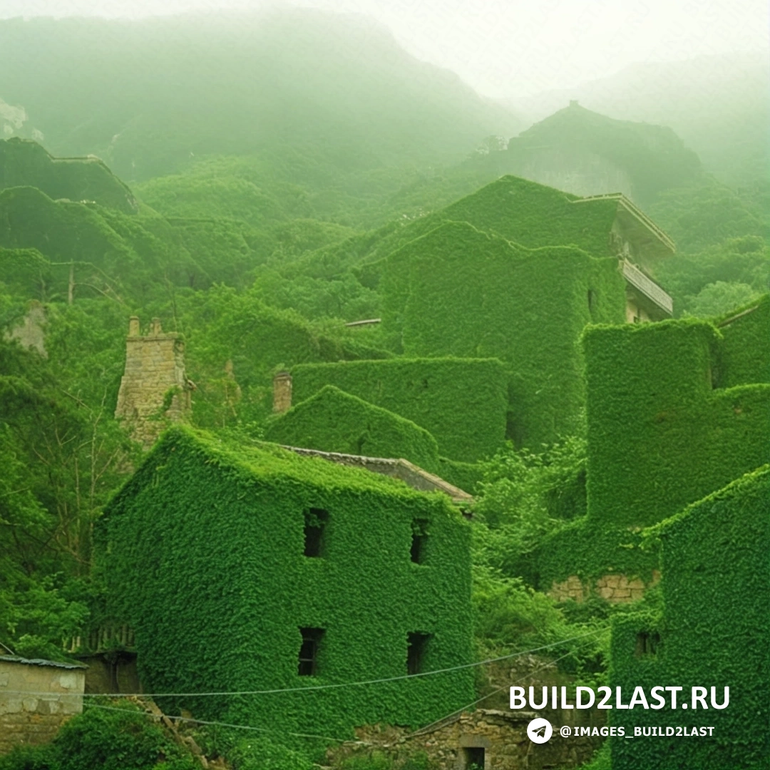 Фасад заброшенного здания на острове Шенгшань, покрытого зеленью, Китай