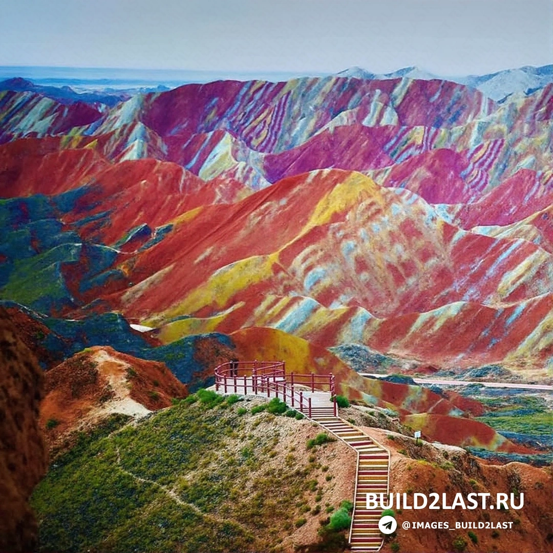 Горы с яркими оттенками песчаника в Китае, природная достопримечательность.