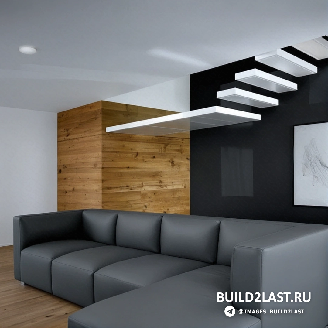 Гостиная с диваном, лестницей и панелями в современном стиле. Черные и серые оттенки, декоративные покрытия и ламинат/паркет.