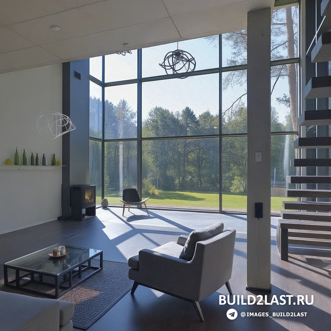 Гостиная с камином и большими окнами на природу