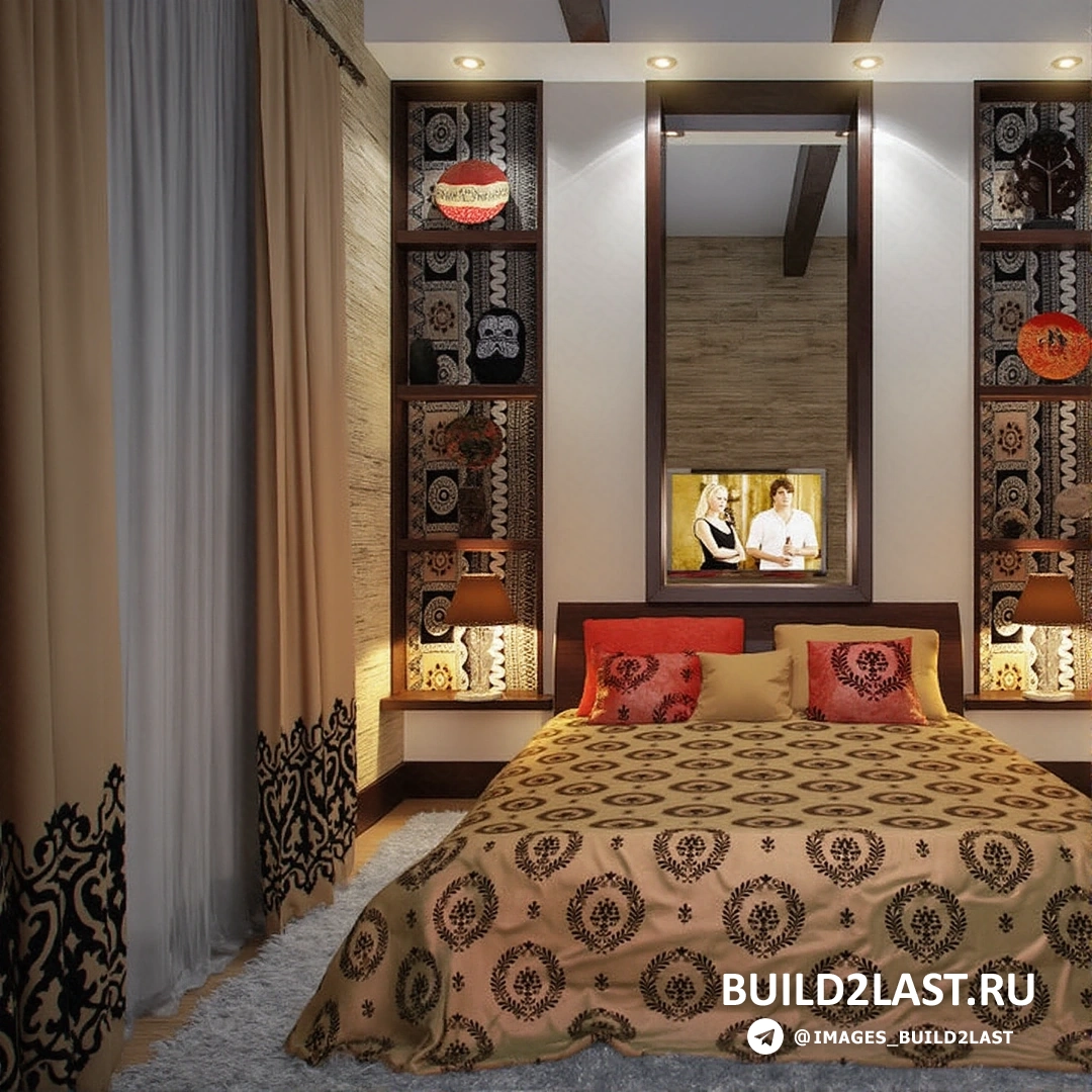 Гостиная с разноцветным ковром, диваном и декоративными подушками в этническом стиле