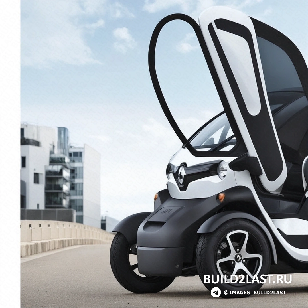 Изображение автомобиля Renault Twizy в бело-черной расцветке с пластиковыми элементами.