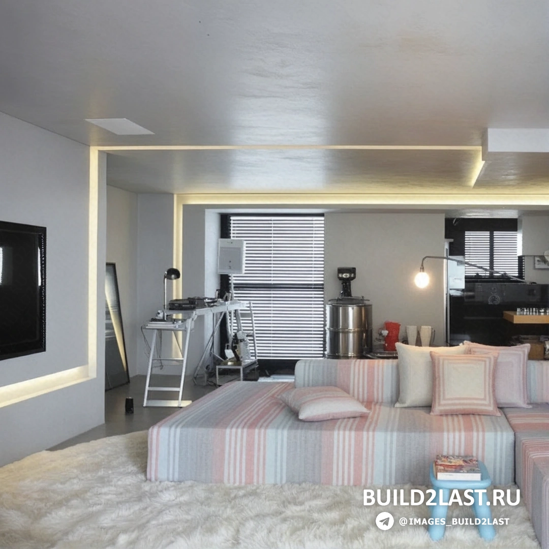 Минималистичный интерьер с аквариумом, диваном, столом и точечным освещением в стиле хай-тек.