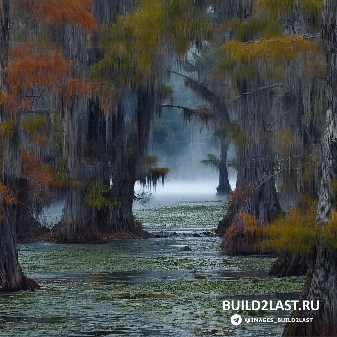 Мистический лес на озере Каддо в США, утопающий в тумане и окружённый атмосферой заброшенности.