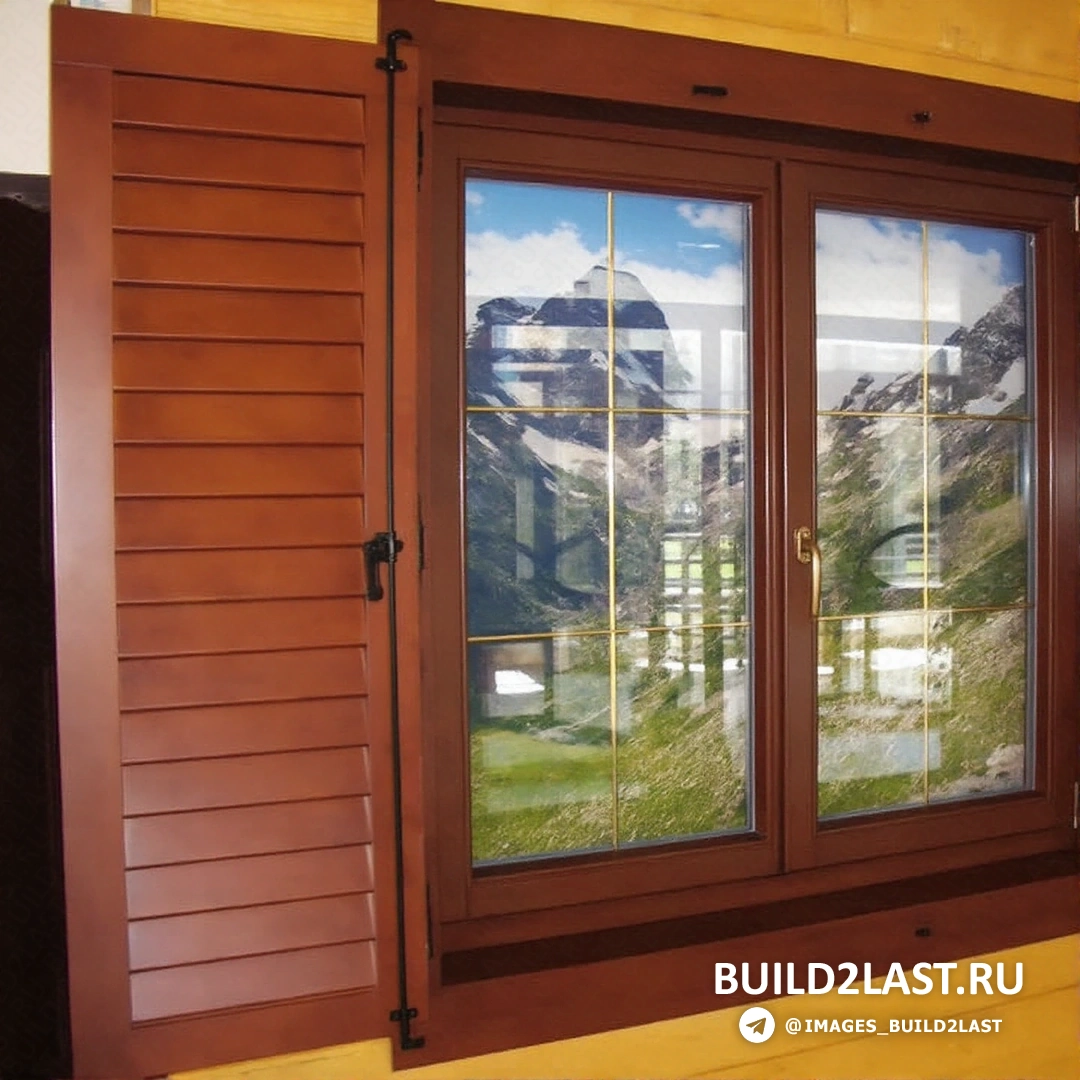 Окно в бревенчатом доме, оформленное в коричневых тонах, которое прекрасно сочетается с деревенским стилем