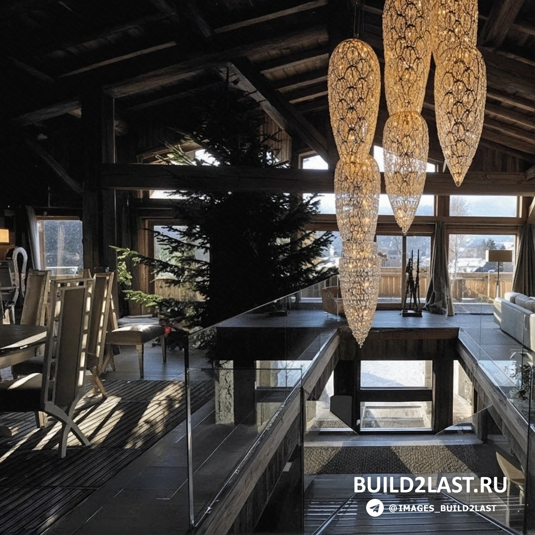 Прихожая с лестницей, стульями, пуфом и светильниками, оформленная в эко-стиле с деревянными и каменными элементами