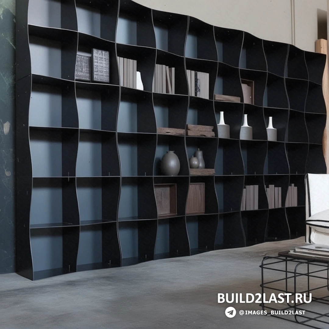 Стеллажи и полки для книг в современном интерьере, выполненные из ламинированной древесины в черном и сером цветах.