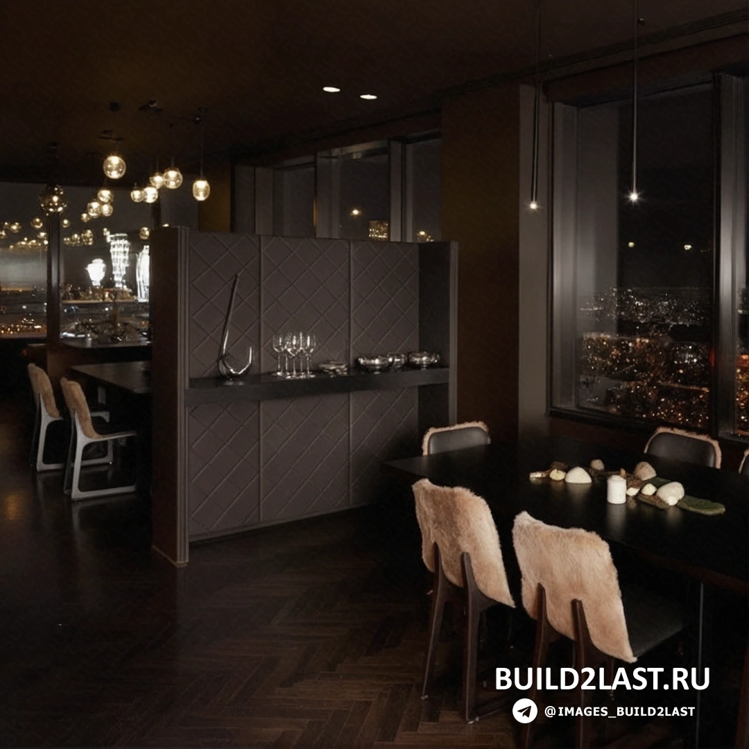 Стильный интерьер ресторана Vue de Monde с сервировкой на столах, панорамными окнами и элегантным освещением.