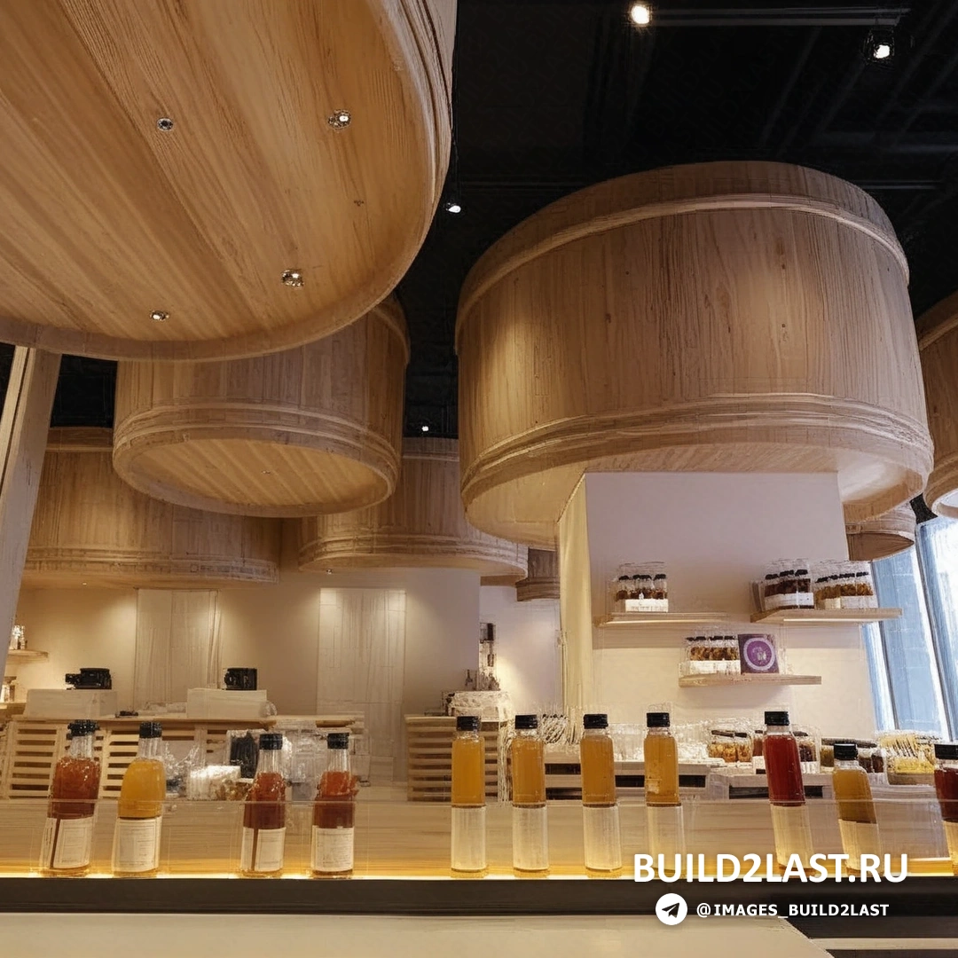 Торговый зал магазина соевого соуса с мебелью и отделкой из светлого дерева.