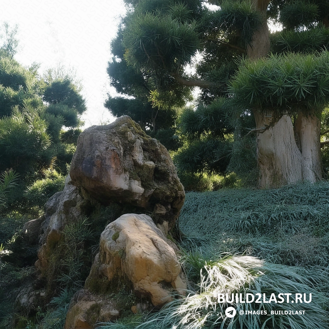 Тропа для прогулок через сад с каменными плитами и зеленью